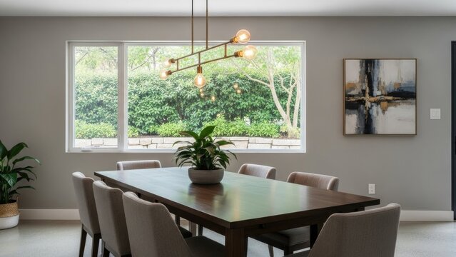 Bright dining room table, chairs, light fixture, plant, art, window, view
