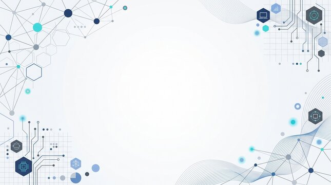 Abstract technology background with interconnected data points, lines, and geometric circuit patterns, symbolizing global communication, digital innovation, and scientific research