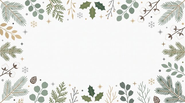 Elegant Winter Botanical Frame Border with Festive Greenery and Cotton Branches for Holiday Designs and Natural Backgrounds
