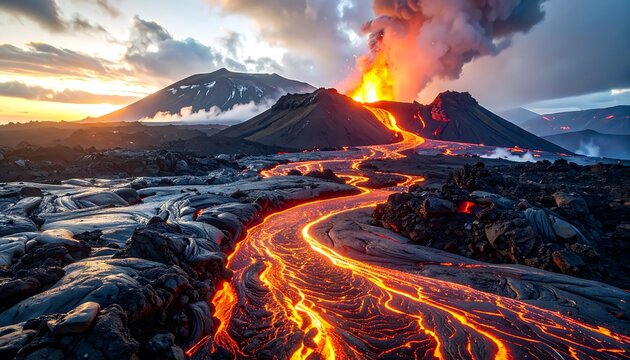 Volcanic eruption with lava flow landscape.