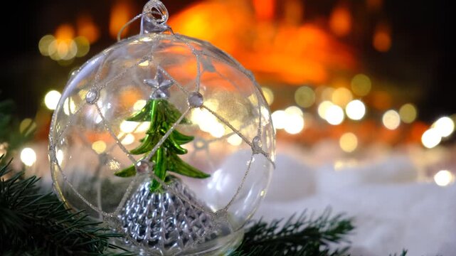 Glass snow globe with miniature Christmas tree.  Magic of the holiday season. Soft fluffy blanket invites you to curl up and savor the moment. Warm string lights twinkle gently, casting a golden glow.