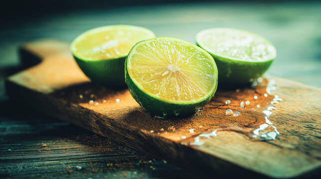 sudachi. A sudachi lime sliced in half on a rustic wooden cutting board, droplets of fresh juice. menu design, packaging mockups, designed for food delivery and cloud-kitchen brand materials.