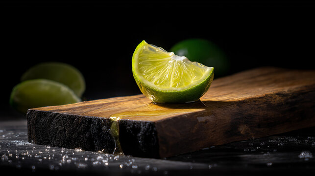 sudachi. A sudachi lime sliced in half on a rustic wooden cutting board, droplets of fresh juice. menu design, packaging mockups, designed for food delivery and cloud-kitchen brand materials.