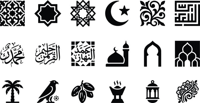 Islamic symbols and architecture flat icons set