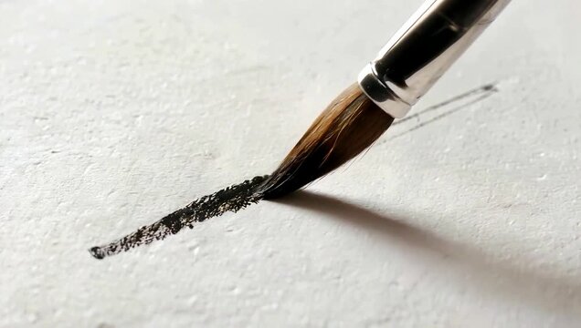 Artist drawing a thin black line on white paper with a paintbrush