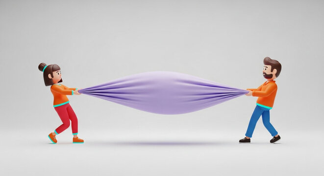 Two children playing with a large purple stretchable fabric outdoors.