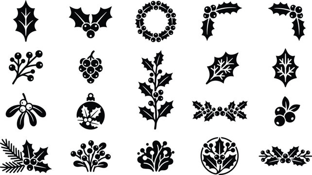 Holiday holly leaf and berry vector illustrations