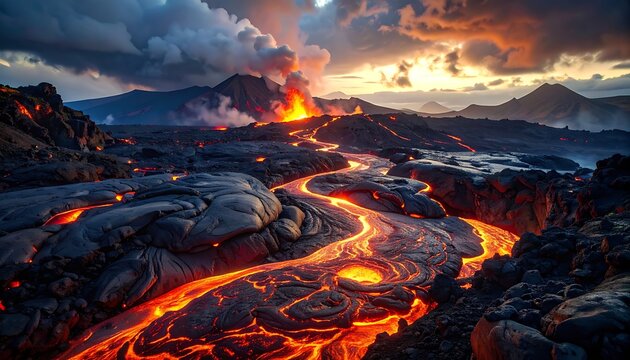 Volcanic lava flow landscape with mountains.