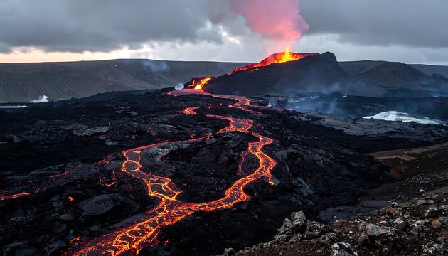 Volcanic eruption with lava flow landscape.
