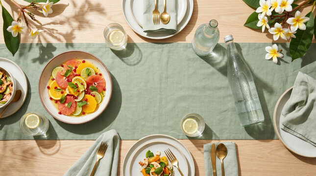 Summer lifestyle with outdoor leisure food and travel on beach vacation table setting with fresh fruit salad and water bottle under sunlight
