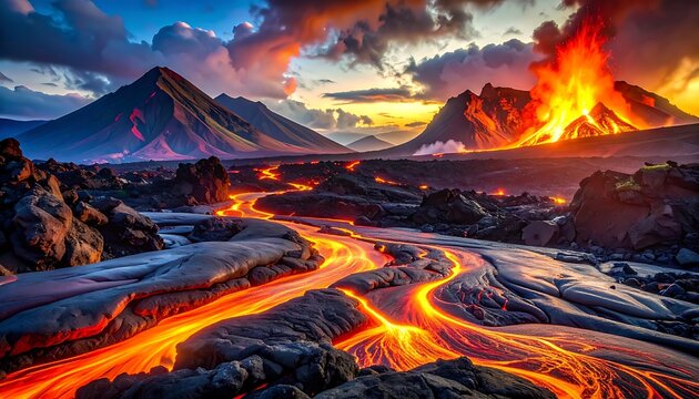 Volcanic landscape with lava flows erupting.
