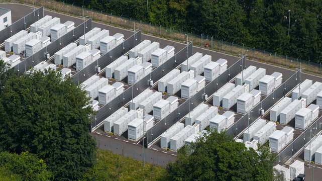 Aerial view of Kraftwerk Neurath in Germany with battery storage infrastructure supporting electricity storage, grid balancing and reliable power supply.