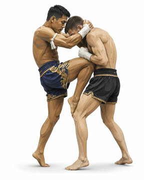 Muay thai fighter kick clinch knee strike martial art combat sport Muay thai fighters clinch and deliver knee strike during kick drill martial art training action wearing shorts and hand wrap