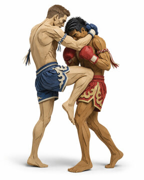 Muay thai boxer fight clinch knee strike Muay thai boxer fight clinch knee strike training action illustration with two male athlete wearing boxing glove and short isolated on white background