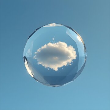 Surreal 3D Render of a Faceted Crystal Sphere Refracting a Fluffy White Cloud Against a Clear Blue Sky