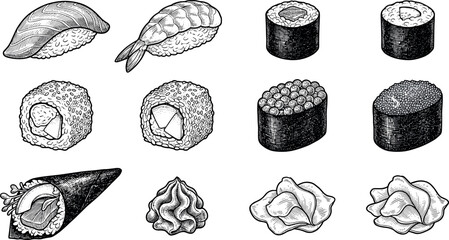 Japanese Sushi and Sashimi Vintage Sketch Set with Nigiri Maki California Rolls Temaki Wasabi and Ginger for Restaurant Menu Designs © EdGe Creative
