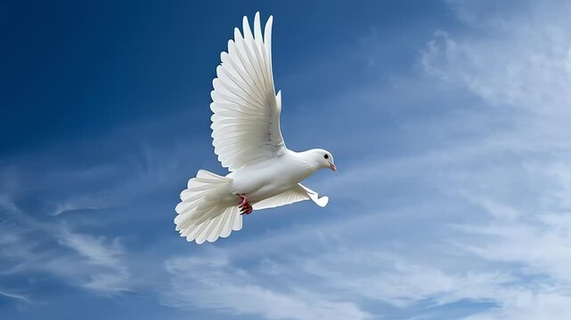 White dove flying gracefully in a clear blue sky with soft clouds