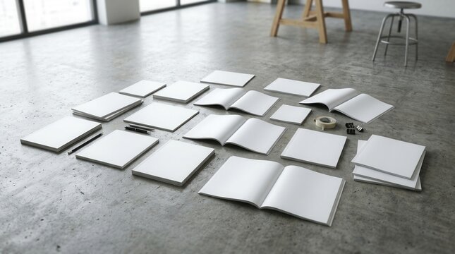 Open and closed books scattered on a concrete floor in a studio.