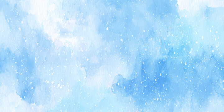 Watercolor background with soft blue clouds and white specks, Abstract sky texture for design and decoration