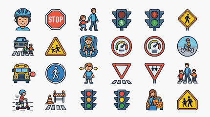 Fototapeta premium Street Safety Icons with Child Characters.