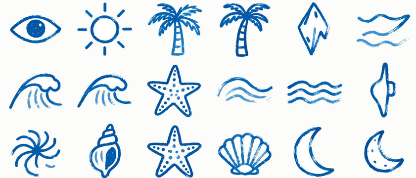 Hand Drawn Blue Summer Vacation Icons Set Featuring Nautical Elements and Tropical Nature Symbols for Creative Design Projects