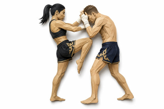 Muay thai kick knee clinch fighter martial art training sport illustration pair of athlete practice muay thai clinch with knee strike and kick during martial art training sport session studio