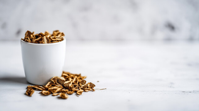 valerian. Dried slices of valerian root scattered in a white ceramic mortar with soft natural side lighting. gardening catalogs, home-decor guides, designed for home decor and floral branding.