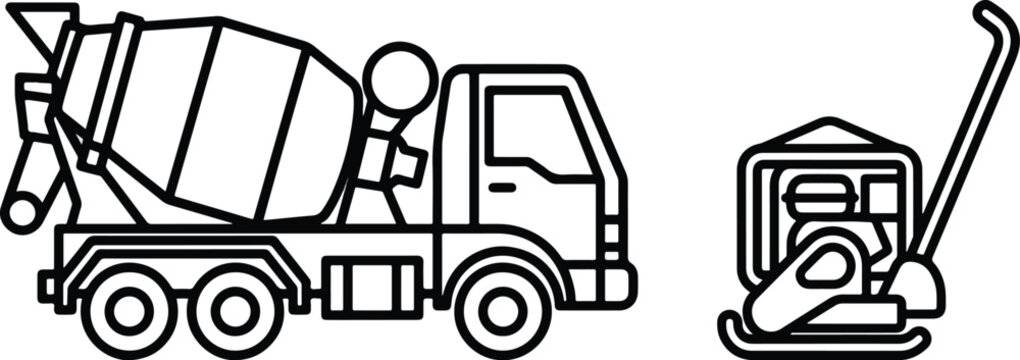 Concrete mixer truck and plate compactor construction icons