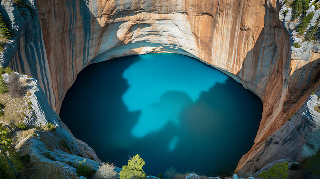 Aerial view of a deep blue lake surrounded by a rocky cliff with trees, hole in the rock formation deep blue water