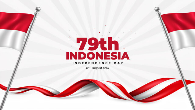 79th indonesia independence day celebration background with two national flags and wavy ribbon indonesia independence celebration national patriotic anniversary