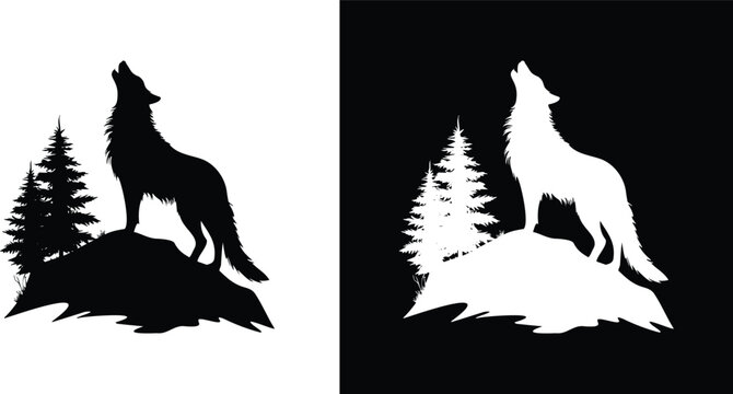 Wolf howling on rock with pine trees, black silhouette forest mountain wilderness scene.