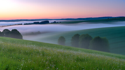 Obraz premium Rolling hills with fog at sunrise, green landscape with trees and grassy fields nature