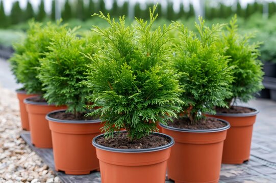Thuja evergreen seedlings growing in nursery pots