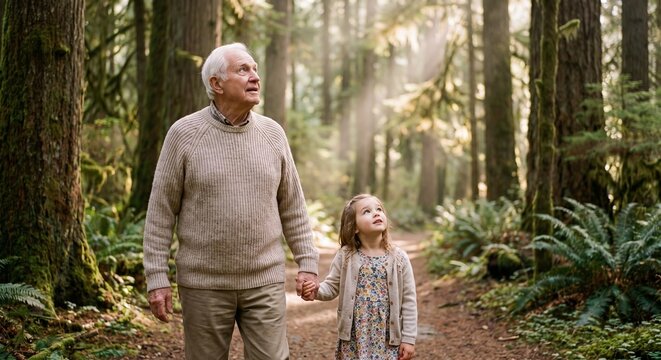 Grandfather and Granddaughter Walking Hand in Hand Through the Fores