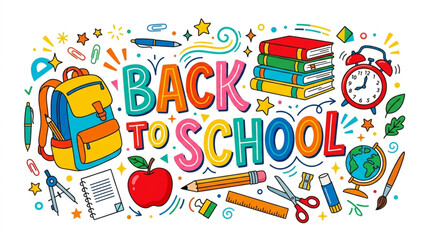 Naklejka premium Back to School Vector Illustration with Colorful Doodle Supplies