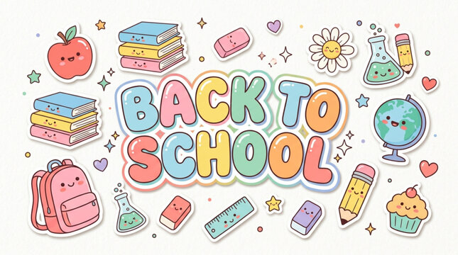 Cute Kawaii Back to School Vector Illustration Sticker Set