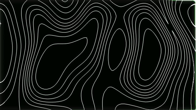 Abstract bright outline topographic contour map animated on black background. Moving irregularly shining line background. Smooth wave motion and moving terrain lines. Minimalism wavy lines animated.
