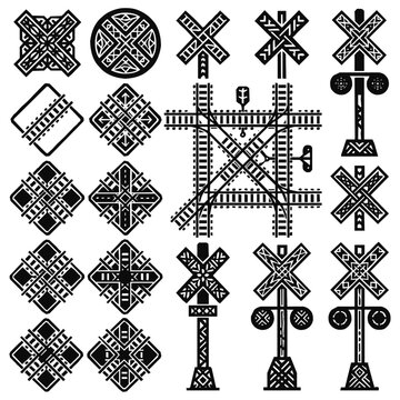 Signal - A comprehensive black and white railway crossing and railroad track icon set featuring geometric motifs and level crossing signals for