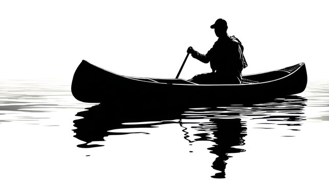 Silhouette of lone canoe paddler gliding across calm reflective water creating peaceful outdoor adventure nature travel scene on white background