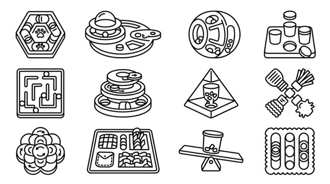 Collection of abstract geometric shapes and objects in a line art style.