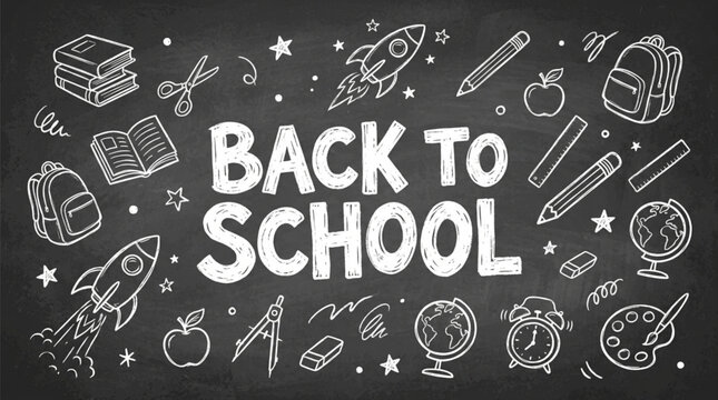 Back to School Chalkboard Banner with Hand Drawn Education Icons