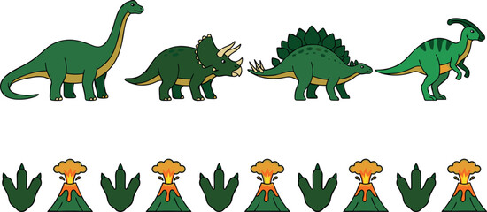 Cute Dinosaur Seamless Horizontal Border Set with Brachiosaurus Triceratops Stegosaurus Parasaurolophus Volcano and Footprint Elements for Kids Fabric Graphic Designs © EdGe Creative