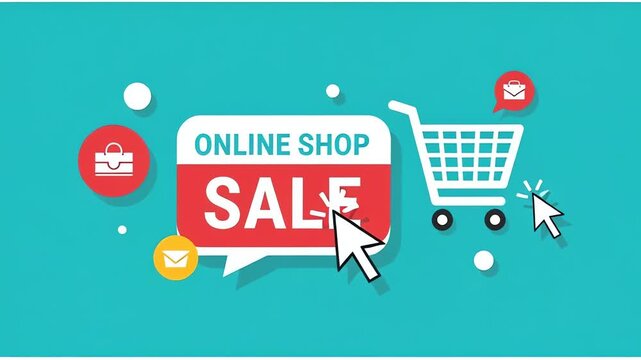 Animated online shop sale banner with shopping cart and cursor