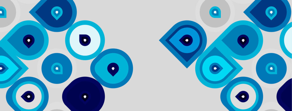 Blue evil eye patterns repeat across light gray background. Circles, teardrops, protection symbols dominate design. Simple, modern aesthetic.