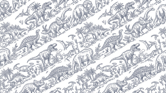 Vintage dinosaur sketch seamless pattern with prehistoric creatures