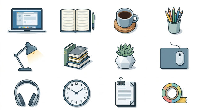 Collection of office and study icons for digital design and illustration.