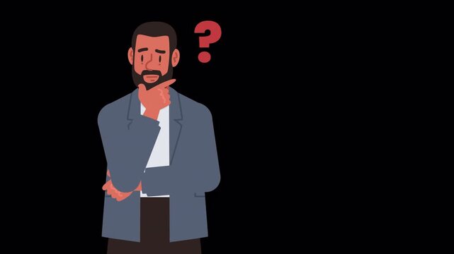 Looping animation of a thoughtful man with a question mark on the alpha channel