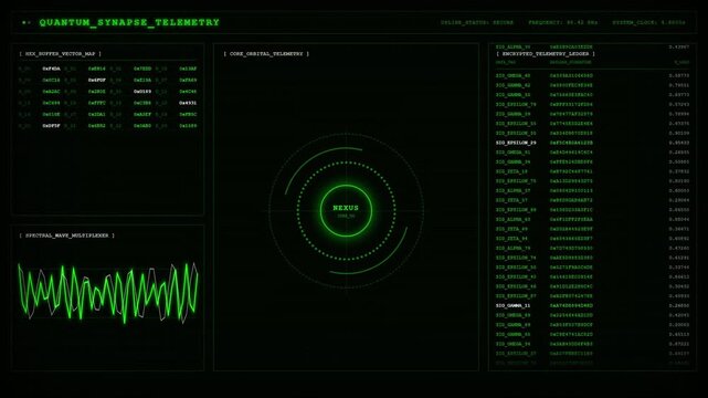 Quantum Synapse Telemetry Encrypted Signal Data Nexus Core Animation.
