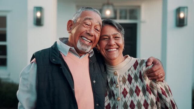 Senior, face or happy couple with hug for real estate, long term investment or property purchase. Smile, people and pride with embrace in front yard for new home, empty nest or comfortable retirement
