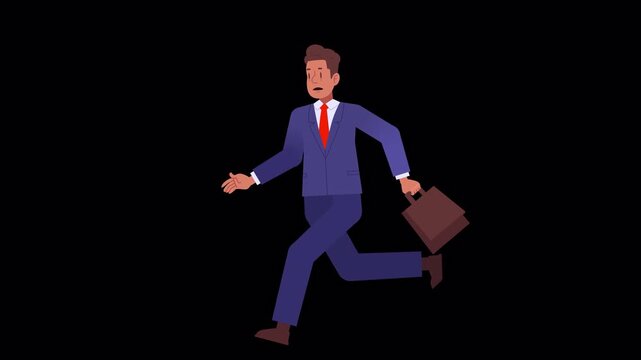 Looping seamless animation of a running hurry businessman with a briefcase on an isolated alpha channel